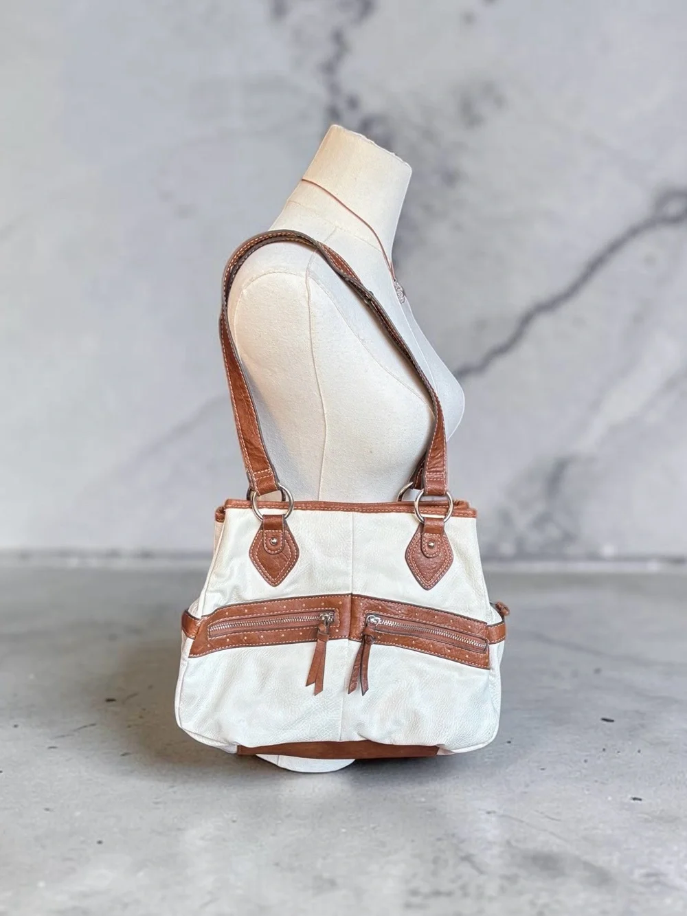 Women’s Cream and Tan Shoulder Tote Bag
